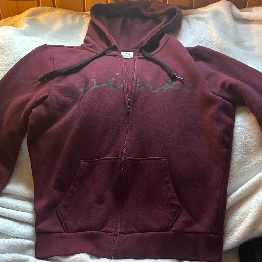 PINK Maroon Zip-Up Hoodie with Script Logo